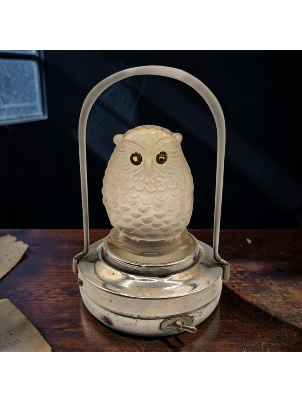 Frosted Glass Owl Lantern Metal Base Vintage Battery-Operated Lamp Made In Japan
